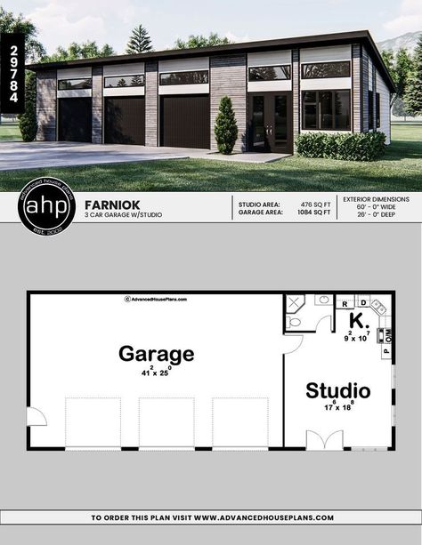 Modern 3 Car Garage, Garage Building Plans, Studio Kitchenette, Garage Shop Plans, Garage Apartment Plan, Garage Guest House, House Plans Ideas, Garage Apartment Plans, Garage Studio