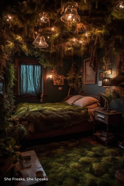 Dark Fairy Decor, Mushroomcore Bedroom, Mushroomcore Room, Dark Fairy Room, Rainforest Bathroom Ideas, Lotr Bedroom, Dark Cottagecore Room, Moss Bedroom, Rainforest Room