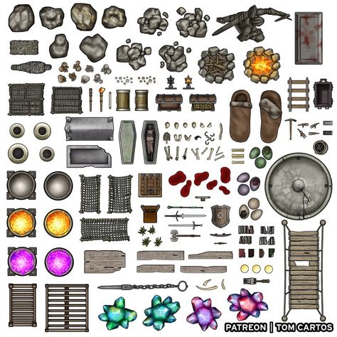 Free 'Dungeon Delvers' Asset pack to help you populate your dungeons. Whether it is a long lost tomb, an abandoned mine, a monsters lair or a bandit hideout you will find everything you need to set the scene before the party's arrival. Inkarnate Assets, Dnd Map Assets, Dnd Assets, Rpg Wallpaper, Map Assets, Dnd Crafts, Fantasy Map Making, Dnd Minis, Map Symbols