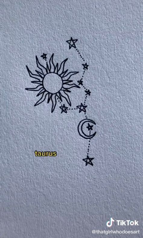 from: @thatgirlwhodoesart on tiktok Taurus Sun Tattoo, Tattoo Ideas Astrology Taurus, Taurus Doodle, Small Taurus Tattoo For Women, Zodiac Doodles, Taurus Tattoo For Women, Hippy Tattoo, Taurus Tattoo Ideas, Tattoo Sun And Moon