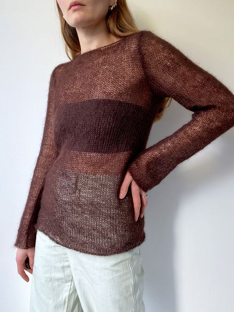 The pattern to make this top comes as a digital pdf download. The Aura Top is a lightweight, long-sleeved top with set-in sleeves. The use of a fine mohair yarn and larger needles in the knitting process gives this top a slightly open and airy feel, perfect for layering.    The Aura Top is knitted flat in three pieces, the body and two sleeves. The body is knitted in the round from the bottom up until reaching the armholes, then you work flat on half of your stitches to form the front and back o Couture Invisible, Mohair Knit, Lace Weight Yarn, Mohair Yarn, Circular Knitting Needles, Knit In The Round, Mohair Sweater, Circular Knitting, Sweater Knitting Patterns