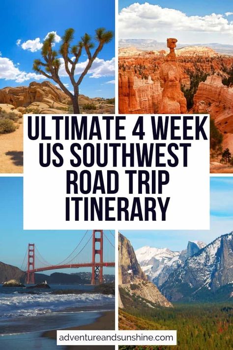 Discover the best of the American Southwest with this ultimate 4 week US SouthWest Road trip itinerary including San Francisco, Yosemite National Park, Zion, Bryce, Grand Canyon, Joshua Tree, Las Vegas, Los Angeles and more! Arizona | Utah | Nevada | California | Highway 1 stops | US National Parks | Best US Road Trip | USA itinerary Arizona Parks Road Trip, Arizona To Florida Road Trip, South West National Park Road Trip, 7 Day National Park Road Trip, Ultimate Road Trip Out West, Nevada Arizona Utah Road Trip, East To West Road Trip Usa, West Road Trip Itinerary, 7 Day Road Trip Out West