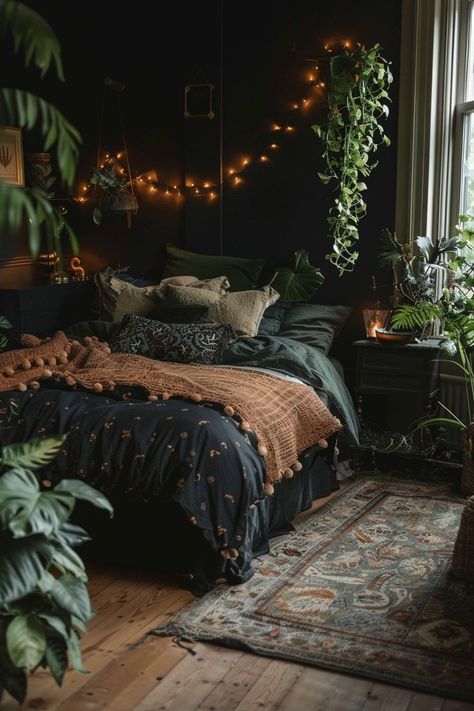 Black Room With Plants Aesthetic, Black Walls Room Aesthetic, Dark Aesthetic Bathroom Decor, Dark Bedrooms Decor, Dark Woodsy Bedroom, Western Gothic Aesthetic Bedroom, Room Theme Aesthetic, Goth Boho Bedroom, Dark Boho Home Decor