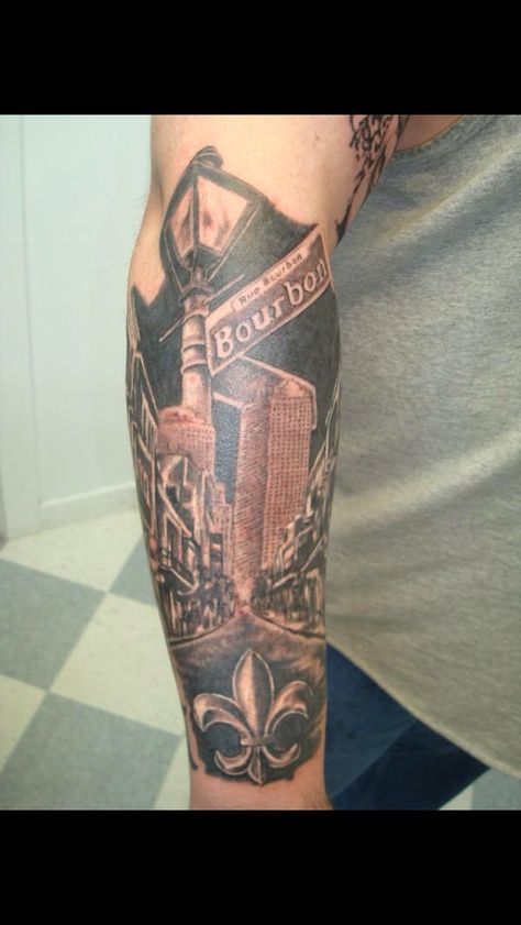 Coolest Nola tattoo probably EVER!!! Louisiana Tattoo Sleeve, Nola Inspired Tattoos, New Orleans Tattoo Sleeve, New Orleans Themed Tattoos, 504 Tattoo Ideas, New Orleans Inspired Tattoo, Louisiana Tattoo Ideas Men, Nola Tattoos Ideas, Louisiana Tattoos