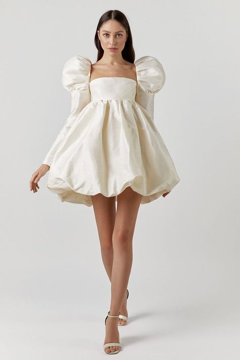 F00104356-102 Tulle Mini Dress, Puff Long Sleeves, Satin Mini Dress, Little White Dresses, Puffed Sleeves Dress, Party Dresses For Women, Mini Dress With Sleeves, White Mini Dress, Primavera Estate