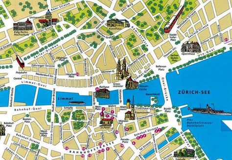 Zurich, Suiza. Zurich Map, Basic Language, Printable Maps, City Maps, Zurich, City Map, Public Transport, Travel Journal, Austria