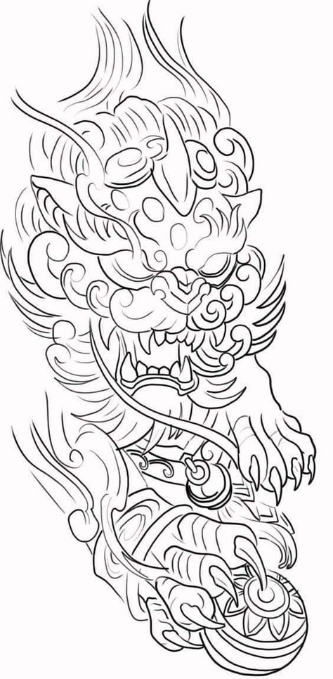 Fu Dog Drawing, Dragon Koi Tattoo Design, Japanese Forearm Tattoo, Japanese Foo Dog, Foo Dog Tattoo Design, Biomechanical Tattoo Design, Chest Tattoo Drawings, Traditional Japanese Tattoo Designs, Draw Tattoo