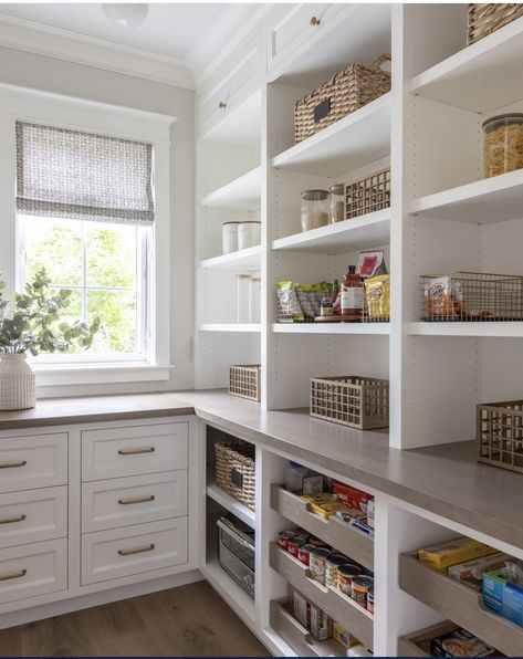 New Build Pantry, Butlers Pantry Remodel, Pocket Door To Pantry, Porch Pantry Ideas, Butlers Pantry Design Ideas, Pantry With Window Ideas, Small Butlers Pantry With Window, Pantry Trim Ideas, Walk In Pantry Drawers