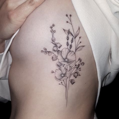 Litha Tattoos, Lily Of The Valley Poppy Tattoo, Violet Floral Tattoo, Lilly Of The Valley And Poppy Tattoo, Larkspur And Cosmos Tattoo, Lily Of The Valley Hawthorn Tattoo, May And February Birth Flower Tattoo Together, Lily Of The Valley And Poppy Tattoo, Butterfly Lily Of The Valley Tattoo