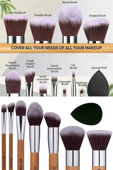 Upgrade your makeup game with the BS-MALL Makeup Brush Set! This 11-piece bamboo synthetic kabuki brush set includes everything you need for flawless application, from foundation to eyeshadow. Complete with an organizer bag and makeup sponge, it's your all-in-one solution for professional-quality results. ✨ #BSMALL #MakeupBrushSet Mall Makeup, Blending Concealer, Makeup Brush Uses, Bamboo Brush, Kabuki Brush, Makeup Game, Eye Concealer, Foundation Powder, Organizer Bag