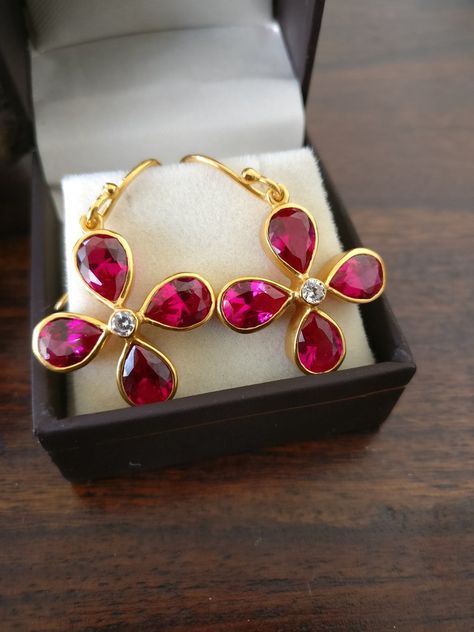 Ruby Flower, Dangle Earrings Gold, Pink Ruby, Flower Earring, Cubic Zirconia Earrings, Ear Rings, Zirconia Earrings, Drop Dangle Earrings, Gold Jewellery Design