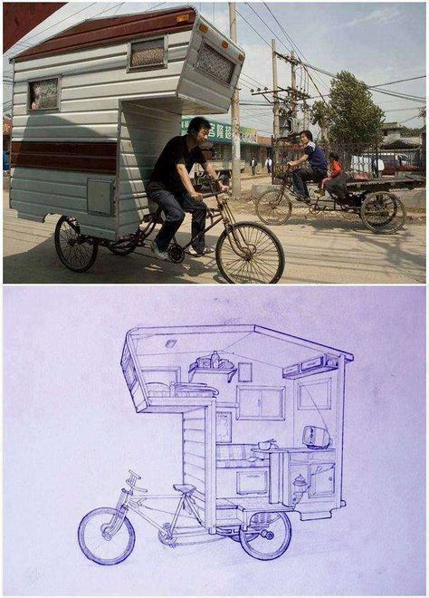 Kombi Motorhome, Blueprint Drawing, Fallout Shelter, Tiny Trailers, Mini Tv, Kombi Home, Riding A Bike, Sleeping Loft, Trailer Home