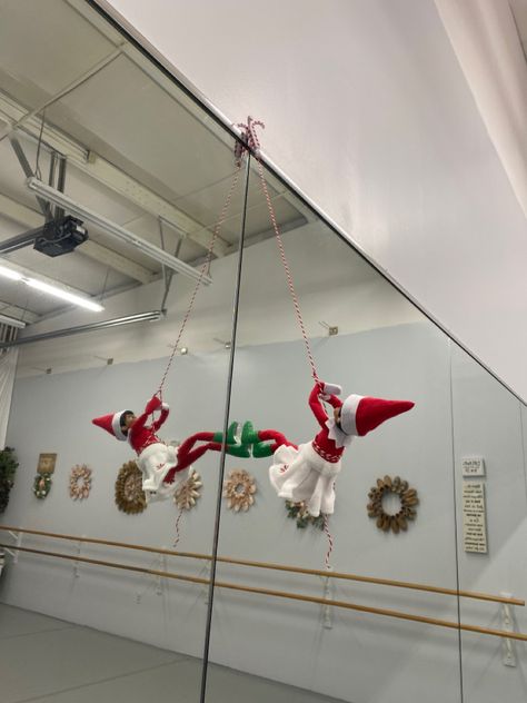 Elf On The Shelf Ideas Dance Studio, Elf On The Shelf Salon Ideas, Salon Elf On The Shelf, Elf Window Display, Elf Mirror, Elf On The Shelf Hair Salon, Gymnastics Elf On The Shelf, Elf On The Shelf Dj Booth, Elf On Shelf Gymnastics