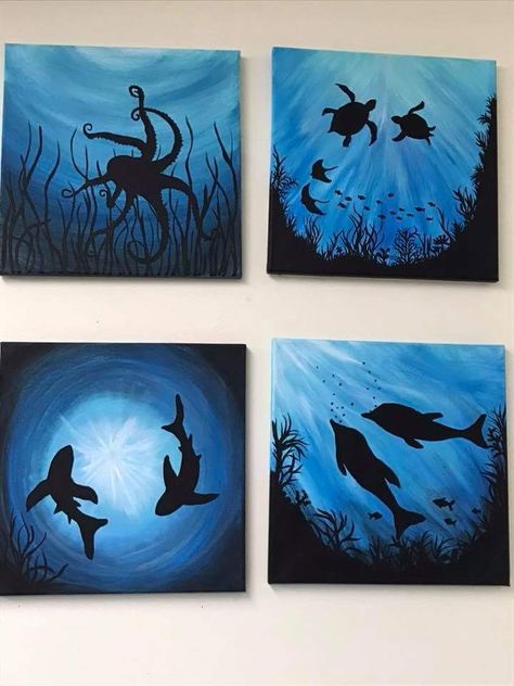 Crafts For Kids Paper, Simple Canvas Paintings, Cute Canvas Paintings, Canvas Painting Designs, Cute Paintings, Crafts Paper, Small Canvas Art, Arte Sketchbook, Sea Art