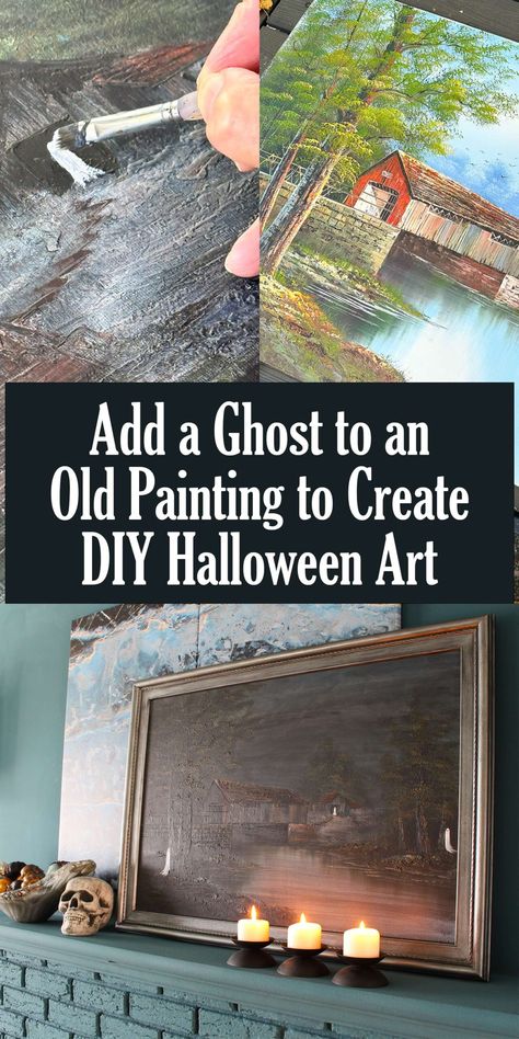 Add a ghost to an old painting to create DIY Halloween art! Ghost Painting Trend, Paint A Ghost, Painting Upcycle, Ghosts Painting, Ghost Painting Ideas, Diy Halloween Art, Ghost Paintings, Farmhouse Lifestyle, Art For Halloween