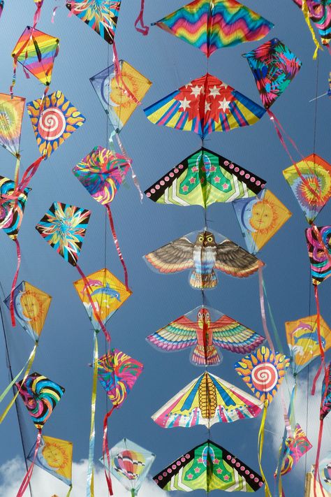 Gujarat, India, hosts an annual International Kite Festival to mark the end of winter and beginning of summer. "Uttarayan" features kite competitions in which participants attempt to cut the strings of other kites. Kite Art Installation, Kite Festival Indian, Kite Flying Photography India, Kites Aesthetic, Kite Aesthetics, Kite Designs Ideas, Kite Aesthetic, Kite Festival Photography, Kite Ideas