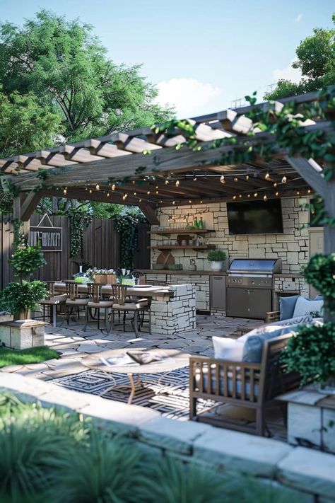 Backyard Patio Kitchen Designs Backyard Patio Kitchen, Backyard Bar Shed, Outdoor Grill Area, Outdoor Cooking Spaces, Bar Shed, Grill Area, Backyard Buildings, Outdoor Paradise, Backyard Bar