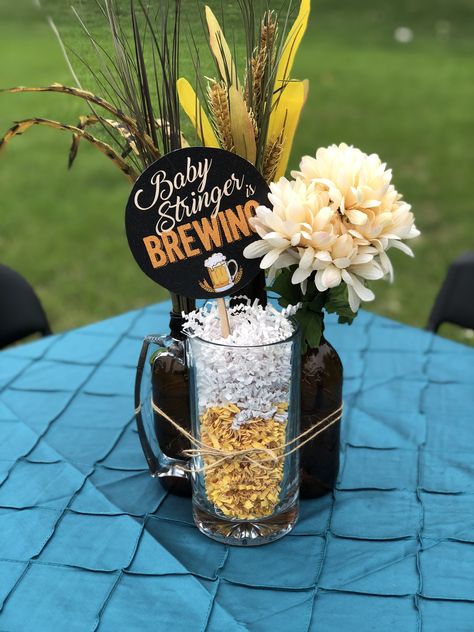 Beer Mugs Centerpieces, Diaper Keg Party Themes, Dudes And Diapers Party Decorations, Beer Themed Centerpieces, Diapers And Beer Party Ideas, Diaper Keg Party Decor, Huggies And Chuggies Party Decor, Oktoberfest Baby Shower Ideas, Pregger Kegger Decorations