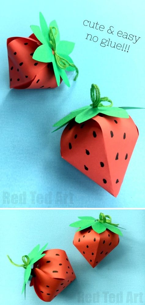 Strawberry Gift Wrapping Ideas, Diy Strawberry Balloons, Origami Strawberry Tutorial, 3d Strawberry Craft, Strawberry Basket Ideas, Berry Crafts For Kids, Berry Themed Party Decorations, Diy Fruit Decorations, Berry First Birthday Party Diy