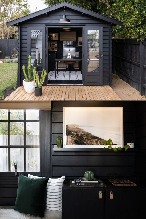 Shed Office, Home Office Studio, Garden Home Office, Studio Shed, Backyard House, Bedroom Barndominium, Backyard Studio, Black Barn, Backyard Office