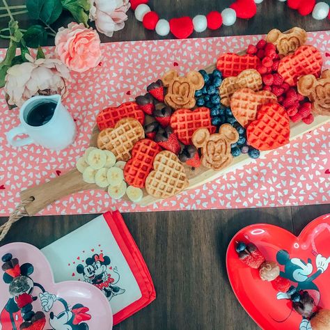 Valentines Day Board, Mickey Waffle Maker, Waffle Brunch, Waffle Board, Mickey Waffle, Brunch Board, Valentines Party Food, Valentines Brunch, Thanksgiving Breakfast