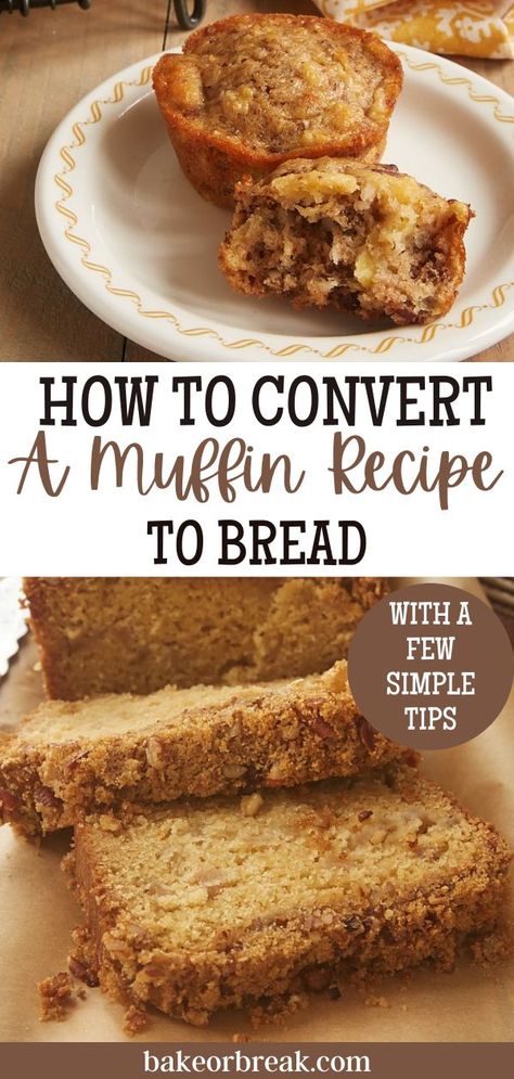 How to Convert Muffins to Bread (and Bread to Muffins). You just need to know a few simple tips to be able to convert muffins to bread and bread to muffins! Have you ever had a great recipe for muffins but wanted to bake a loaf instead? How about the other way around? Luckily, there’s not really a difference in the batter from the recipes for traditional muffins versus a loaf of quick bread. Muffin Loaf Recipes, Muffin Mix Bread Loaf, Martha White Muffin Mix Bread Loaf, Martha White Muffin Mix Hacks, Oatmeal Quick Bread, Muffin Mix Recipes, Recipe For Muffins, Basic Muffin Mix, Martha White Muffin Mix