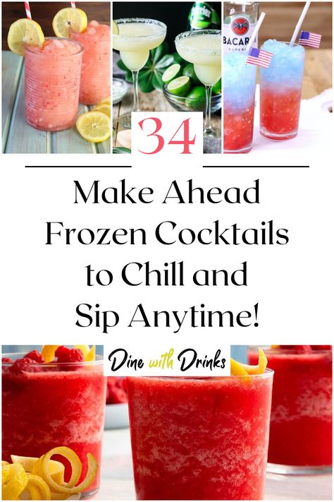 Collage of 4 make ahead frozen cocktails. Frozen Ice Cubes Cocktails, Frozen Cocktails Recipes, Frozen Alcoholic Drinks Slushies, Adult Slushies Frozen Drinks, Freezer Cocktails, Make Ahead Cocktails, Cocktail Slushies, Frozen Margarita Recipes, Frozen Alcoholic Drinks Recipes