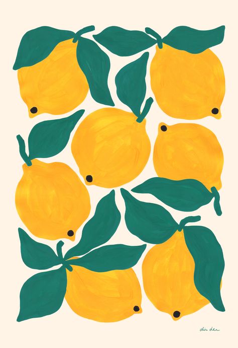 My Lemons print with bright yellow lemons and green leaves, produced as an archival quality, giclée print through @evermade Surreal Art Green, Poster Ideas Painting, Yellow Bright Aesthetic, Yellow And Green Painting, Cute Art For Room, Green Room Prints, Bright Illustration Art, Cute Prints For Room, Easy Lemon Painting