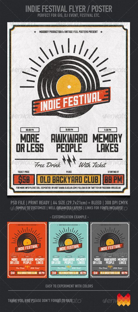 Indie Festival. Print-templates Flyers. Tagged as a4, badge, black and white, dj, fest, festival, flyer, gig, hipster, indie, insignia, jazz, letterpress, lounge, modern, moodboy, party, pop, poster, print, punk, record, retro, rock, stamp, texture, trendy, typography, urban, and vintage. Music Festival Poster Design, Typography Flyer, Conference Poster Template, Festival Poster Design, Poster Design Illustration, Stamp Texture, Neon Poster, Poster Rock, Indie Festival