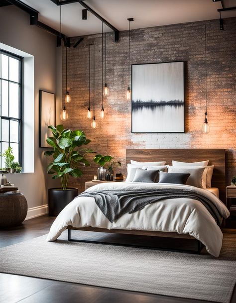 A space where raw meets refined. Edgy aesthetics blend seamlessly with comfort. Our modern industrial bedroom is an ode to urban sophistication Cozy Industrial Bedroom, Modern Masculine Bedroom, Modern Industrial Bedroom, Industrial Modern Bedroom, Modern Industrial Living Room, Formal Living Room Designs, Industrial Decor Bedroom, Bedroom Industrial, Industrial Bedroom Design