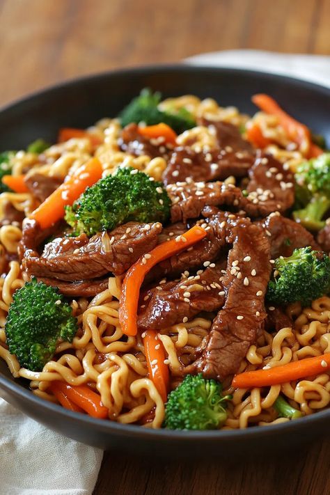 Mongolian Beef Stir-Fry with Ramen Beef With Chinese Vegetables, Beef Stir Fry With Ramen Noodles, Mongolian Beef With Ramen Noodles, Mongolian Beef Noodle Bowl, Ramen Steak Recipes, Beef And Brocolli Ramen Stir Fry Recipes, Beef Steak Stir Fry Recipes, Ramen And Beef Recipes, Ramen Noodle Stir Fry Beef