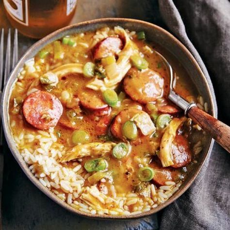 Southern Meals, Nola Recipes, Emeril Recipes, Andouille Sausage Gumbo, Emeril Lagasse Recipes, Chicken Sausage Gumbo, Barbecue Shrimp, Chicken Gumbo, Homemade Things