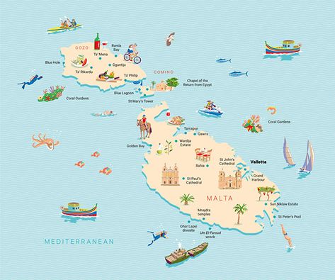 Malta map illustration Beach Map Illustration, Malta Illustration, Malta Map, Malta Vacation, Malta Food, Malta Travel Guide, Gozo Malta, Malta Beaches, Maltese Islands