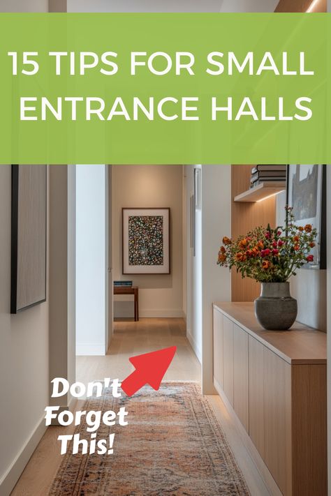 15 tips for small entrance halls with a red arrow pointing towards the hallway and text saying "Don't Forget This!" Foyer Small House, Functional Foyer Ideas Entryway, Wall Tree Entryway, Hallways Ideas Entrance, Front Door Entrance Interior Foyers, White Entrance Hall, Tiny Entrance Hall Ideas, Narrow Entrance Hall Ideas, Small Hallway Ideas Entrance Halls