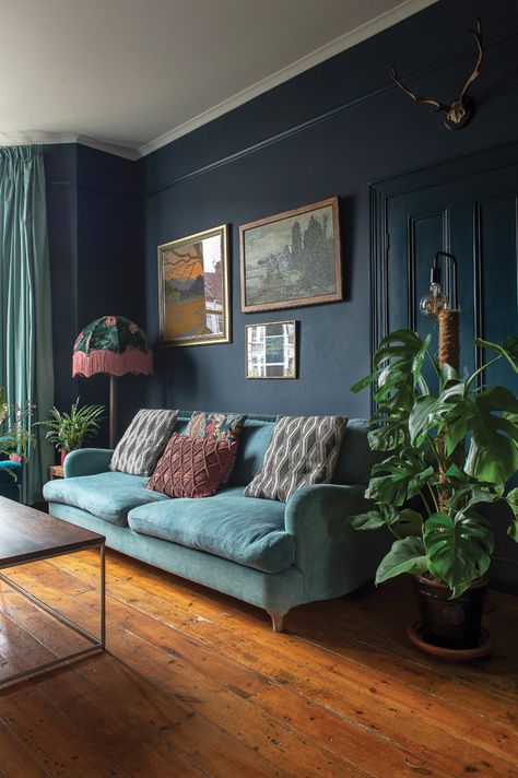 Victorian terrace house: Carol's home is full of colour, art and antique finds | HouseAndHome.ie Victorian Terrace House Living Room, Terrace House Living Room, Victorian House Interiors, Victorian Terrace House, Victorian Living Room, Dark Living Rooms, Antique Finds, Colour Art, Cosy Living Room