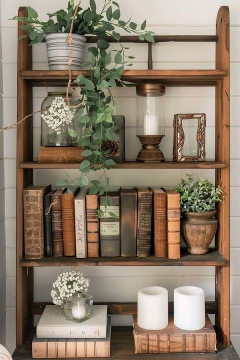 Farmhouse Shelf Decor Ideas, Farmhouse Shelf Decor, Shelf Decor Ideas, Farmhouse Shelves Decor, Farmhouse Shelf, Shelf Decor Living Room, Vintage Bookshelf, Styling Shelves, Decorating Bookshelves