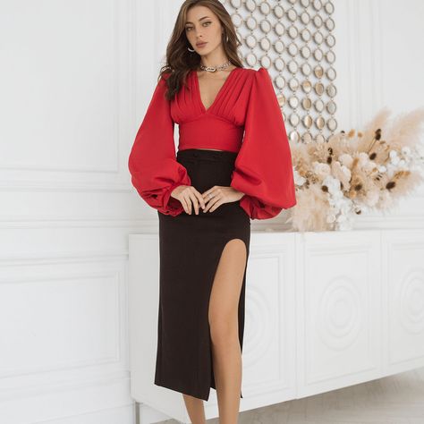 Belted Skirt, Black High Waist, Skirt Belt, Puffed Sleeves, V Neck Blouse, Red Blouses, Business Outfits, Leather Fabric, Women Dresses