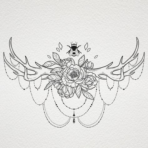 Line art of floral antler deer sternum tattoo design art Deer Antler Tattoos, Sternum Piece, Chest Neck Tattoo, Chest Tattoo Female Upper, Antler Tattoos, Antler Tattoo, Deer Skull Tattoos, Sternum Tattoo Design, Cowgirl Tattoos