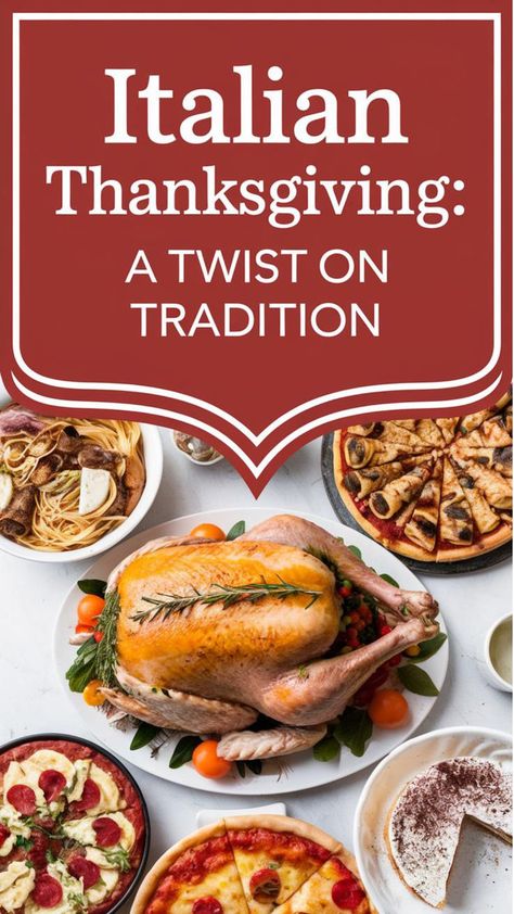 This pin presents a classic Thanksgiving turkey surrounded by popular Italian dishes such as pizza, pasta, and tiramisu. The layout is clean and organized, with a red banner at the top stating "Italian Thanksgiving: A Twist on Tradition." The white background and simple design make the food the star of the pin, appealing to those interested in blending traditional American Thanksgiving with Italian culinary influences. Thanksgiving Italian Style, Traditional Italian Thanksgiving Dinner, Italian Friendsgiving, Italian Thanksgiving Recipes Side Dishes, Italian Dinner Party Menus Dishes, Authentic Italian Christmas Dinner, Italian Thanksgiving Dinner, Traditional Italian Recipes, Italian Thanksgiving Menu