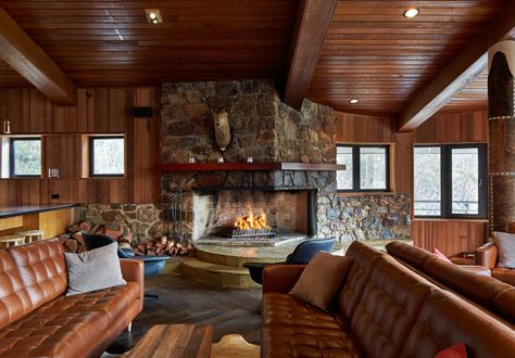 After almost 30 years. 70s Ski Lodge, Ski Lodge Interior, Aspen Lodge, Lodge Aesthetic, Drying Room, Ski Cabin, Bar Design Awards, Falls Creek, Cabin Interiors