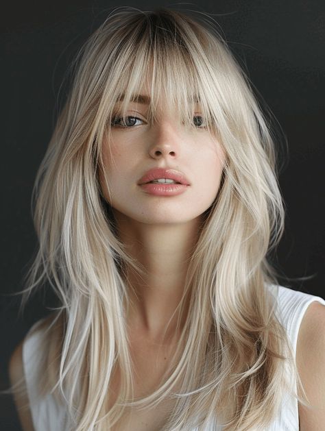 24 Sleek Hairstyles for Long, Straight Hair: Ideas for 2024 Long Straight Hair Ideas, Straight Hair Ideas, Shag Layered Hairstyles, Hairstyles For Long Straight Hair, Sleek Straight Hairstyles, Long Shag Haircut, Blonde Bangs, Blonde Hair With Bangs, Straight Blonde Hair