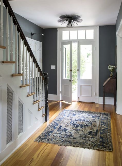 Staircase Entryway Ideas, Entryway Paint, Staircase Interior, Hall Colour, Starter House, House Upgrades, American City, Staircase Storage, Farmhouse Renovation