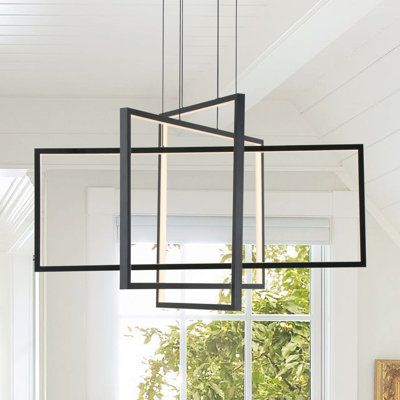 This Vollmer Dimmable LED Square/Rectangle Chandelier 3-Light is made from 3 different sizes of rectangle aluminum fixture which is simple and shines a warm glow. It is remote controller dimming and the light temperature can be changed from 3000K to 4000K and 6000K. This wonderful chandelier is perfect for the dining room, kitchen, entry, stairs, and any space you need. The sloped ceiling is workable. Ivy Bronx Finish: Black | Ivy Bronx Vollmer 3-Light Dimmable LED Square / Rectangle Chandelier Modern Dining Room Lighting, Kitchen Entry, Black Ivy, Entryway Chandelier, Foyer Lighting Fixtures, Square Chandelier, Entry Stairs, Entry Lighting, Staircase Lighting