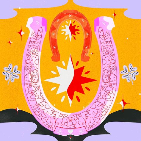 Large pink illustrated horseshoe featuring a floral pattern and a smaller upside down orange horseshoe between the prongs. Surrounded by red and white stars and lilac clouds. Horseshoe Illustration, Folk Illustration, Urban Legend, Shoes Illustration, Colour Texture, Lucky Horseshoe, Urban Legends, Lucky Day, Year 2