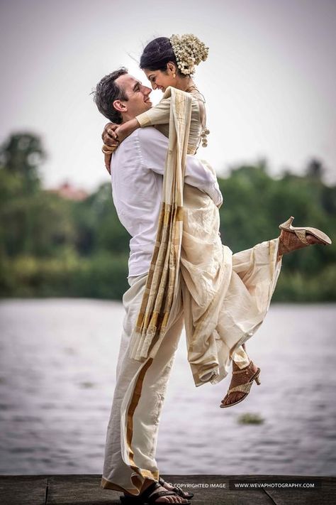 Trend Alert: Styling The Kerala Kasavu Saree Pose Prewedding, Pre Wedding Photoshoot Props, Indian Wedding Poses, Kerala Wedding Photography, Pre Wedding Photoshoot Outfit, Engagement Photography Poses, Indian Wedding Photography Couples, Wedding Photoshoot Props, Indian Wedding Couple Photography