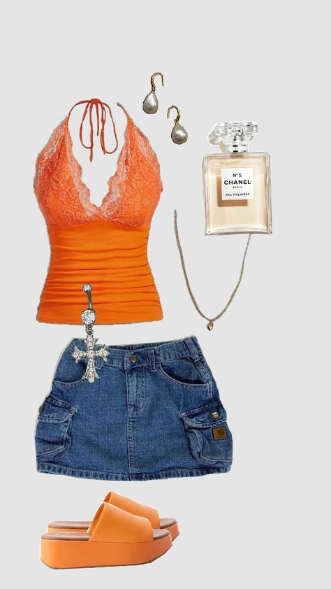 #outfit #outfitinspo #summer #Summerfit #fit #miniskirt #orange Summer Outfits Ginger Hair, Outfit Ideas Bright Colors, Cute Y2k Summer Outfits, Y2k Skirt Outfit Aesthetic, Bright Summer Outfits Aesthetic, Y2k Outfits For Summer, Orange And Blue Outfits For Women, Summer Outfit Y2k, Orange Corset Outfit