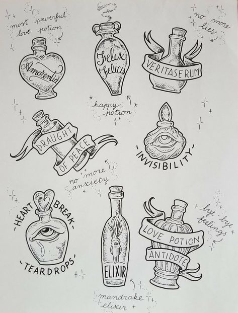 Harry Potter Tattoos Potions, Harry Potter Potion Bottles Drawing, Love Potion Harry Potter Tattoo, Potion Bottle Sketch, Harry Potter Potions Drawings, Love Potion Tattoo Bottle, Harry Potter Potion Tattoo, Sketch Harry Potter, Love Potion Tattoo