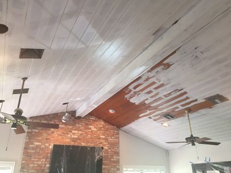 PAINTING OUR WOOD CEILINGS BEFORE/AFTER PHOTOS – Redesignedspace Painted Cabin Ceiling, White Wood Ceiling Kitchen, Paint Wood Ceiling White, Painting Wood Ceiling Before And After, Painted Timber Ceiling, Stained Ceiling Wood, Vaulting A Ceiling Before And After, White Ceiling With Wood Beams, Wood Ceiling Ideas Modern