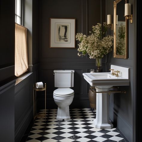 Moody Modern Powder Room, Checkered Tile Powder Room, Checkerboard Floor Powder Room, Powder Bathroom Paneling, French Blue Bathroom Walls, Checkered Powder Room Floor, Monochromatic Powder Room, Moody Cloakroom, Tile Wall Powder Bathroom