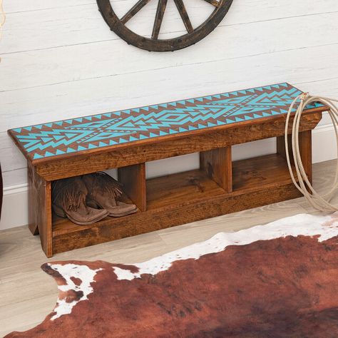 Sky Arrows Turquoise & Natural Bench Western Furniture Ranch Style, Bedding Western, Southwestern Furniture, Barbie Painting, Southwest Furniture, Cowhide Decor, Refurbishing Furniture, Pine Bench, Turquoise Furniture